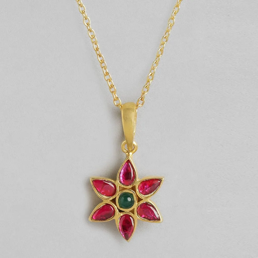 92.5 Silver Red Kundan Flower Necklace