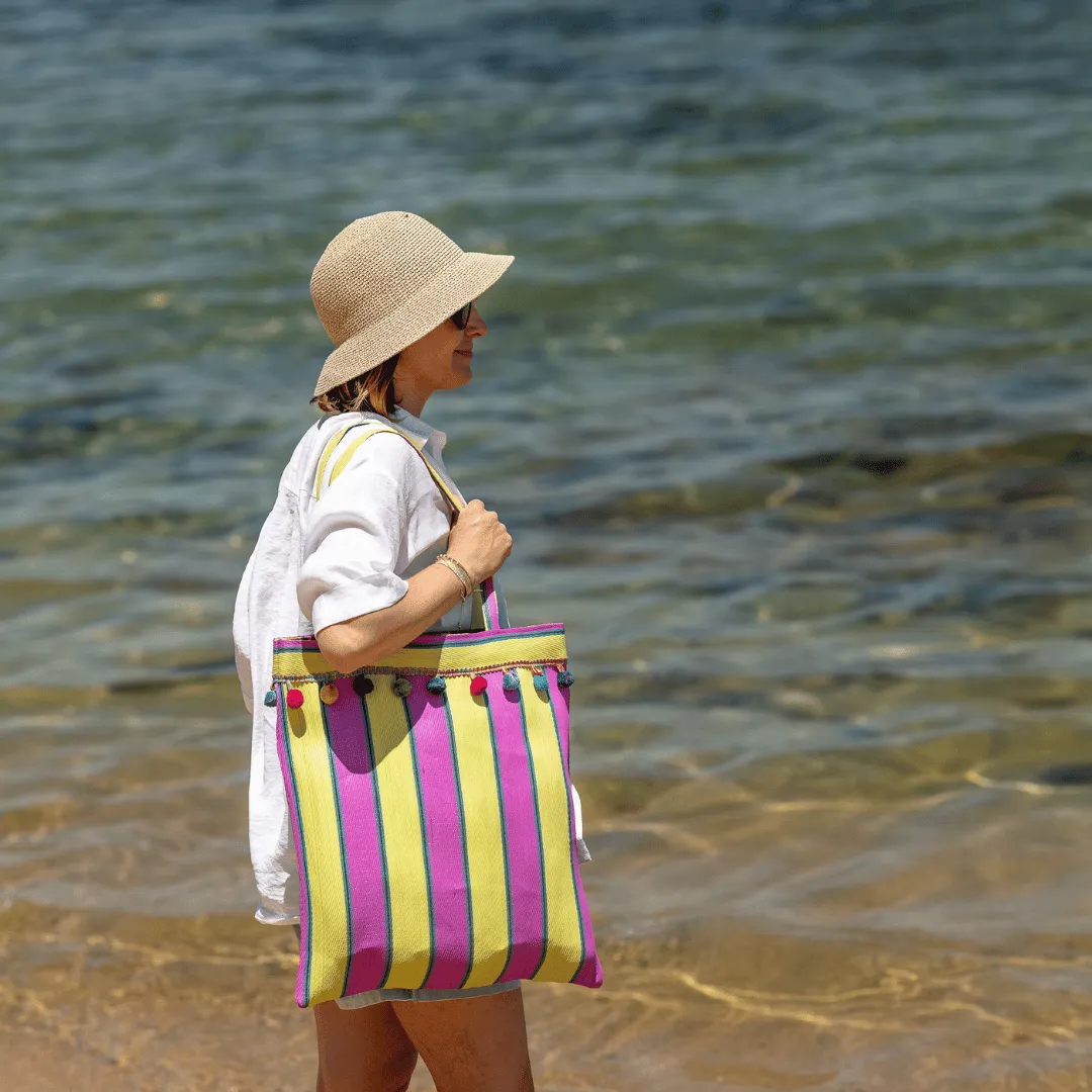 Beach Tote Carry Bag - Crimson and Mustard Stripe