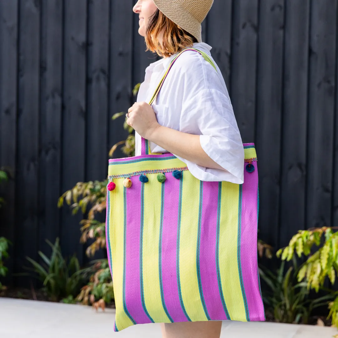 Beach Tote Carry Bag - Crimson and Mustard Stripe