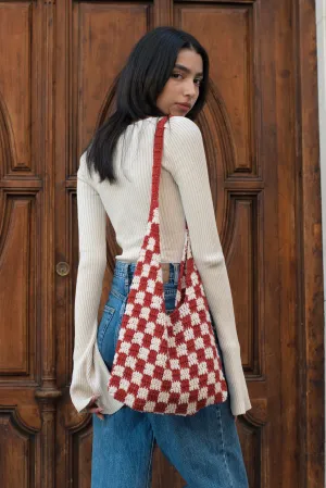 Berry Red Checkered Pattern Chess Crochet Tote Bag