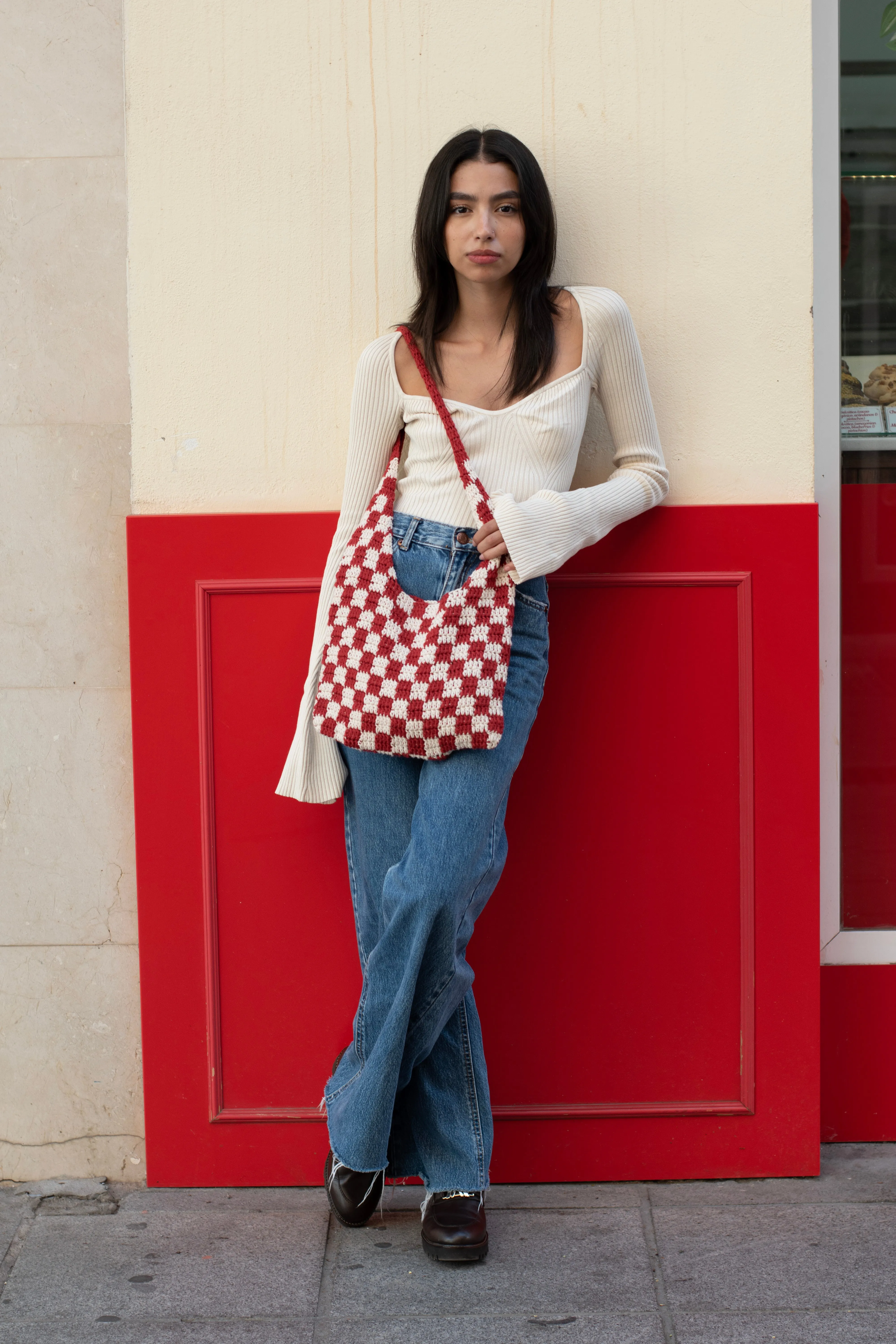 Berry Red Checkered Pattern Chess Crochet Tote Bag