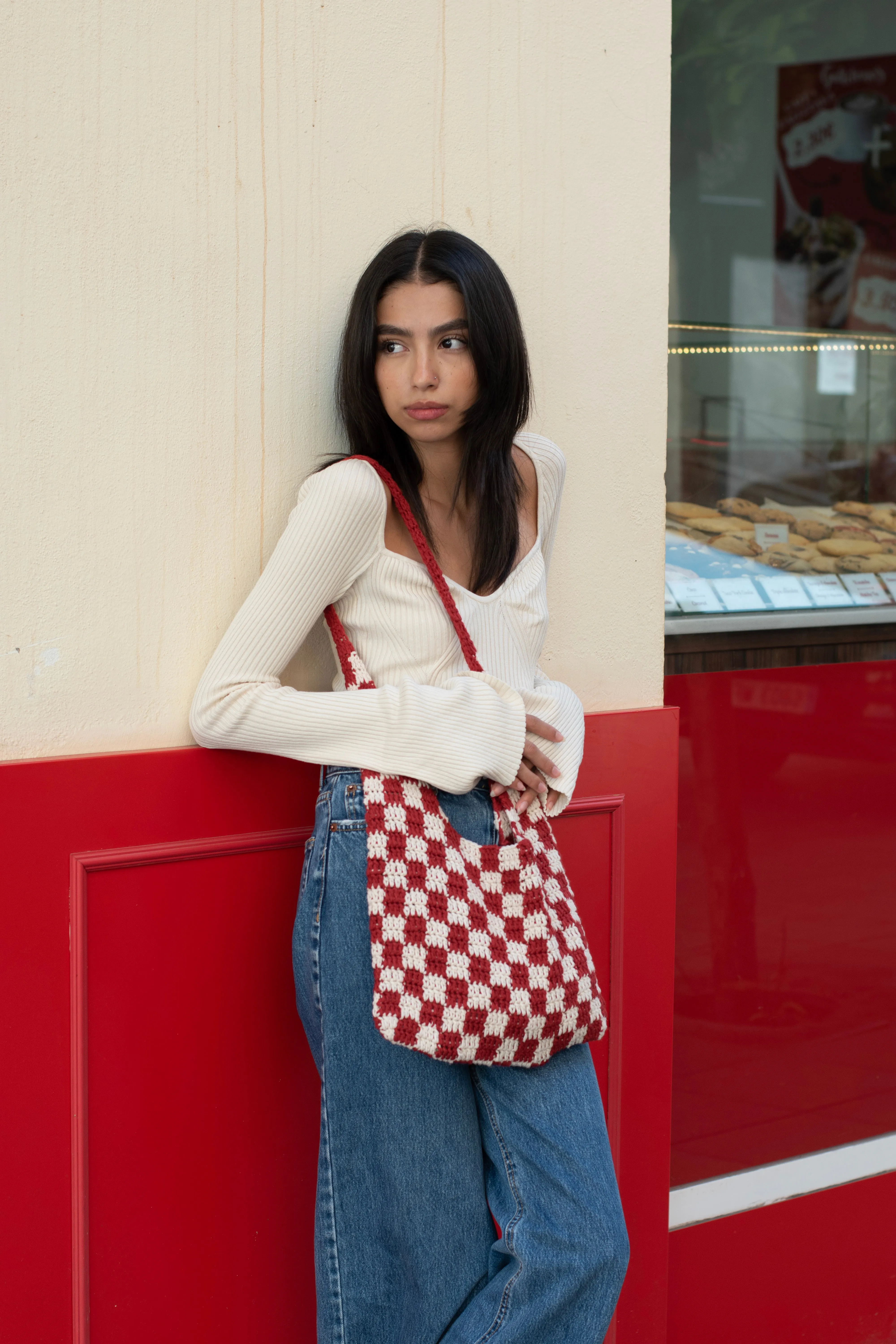 Berry Red Checkered Pattern Chess Crochet Tote Bag