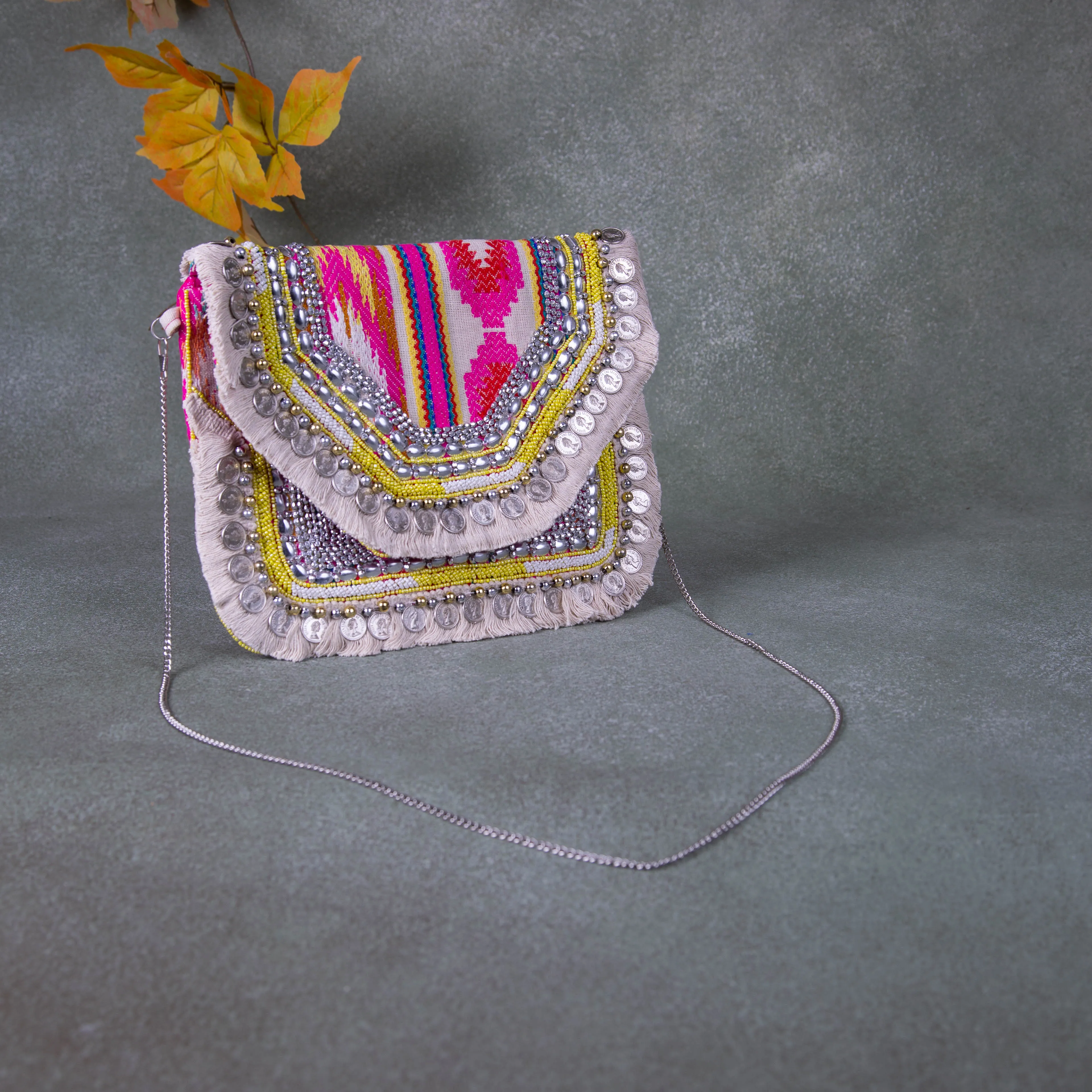 Boho beaded bags - Pink Colour Prints (Big )