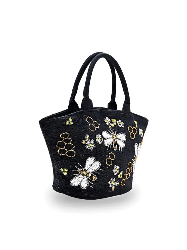 Boho Girl Embellished Butterfly Chirpy Charcoal Tote | Hand Embroidered Bag for Bridal, Casual, Wedding | Shoulder Bags for Women with Long Strap | Handbag for Women