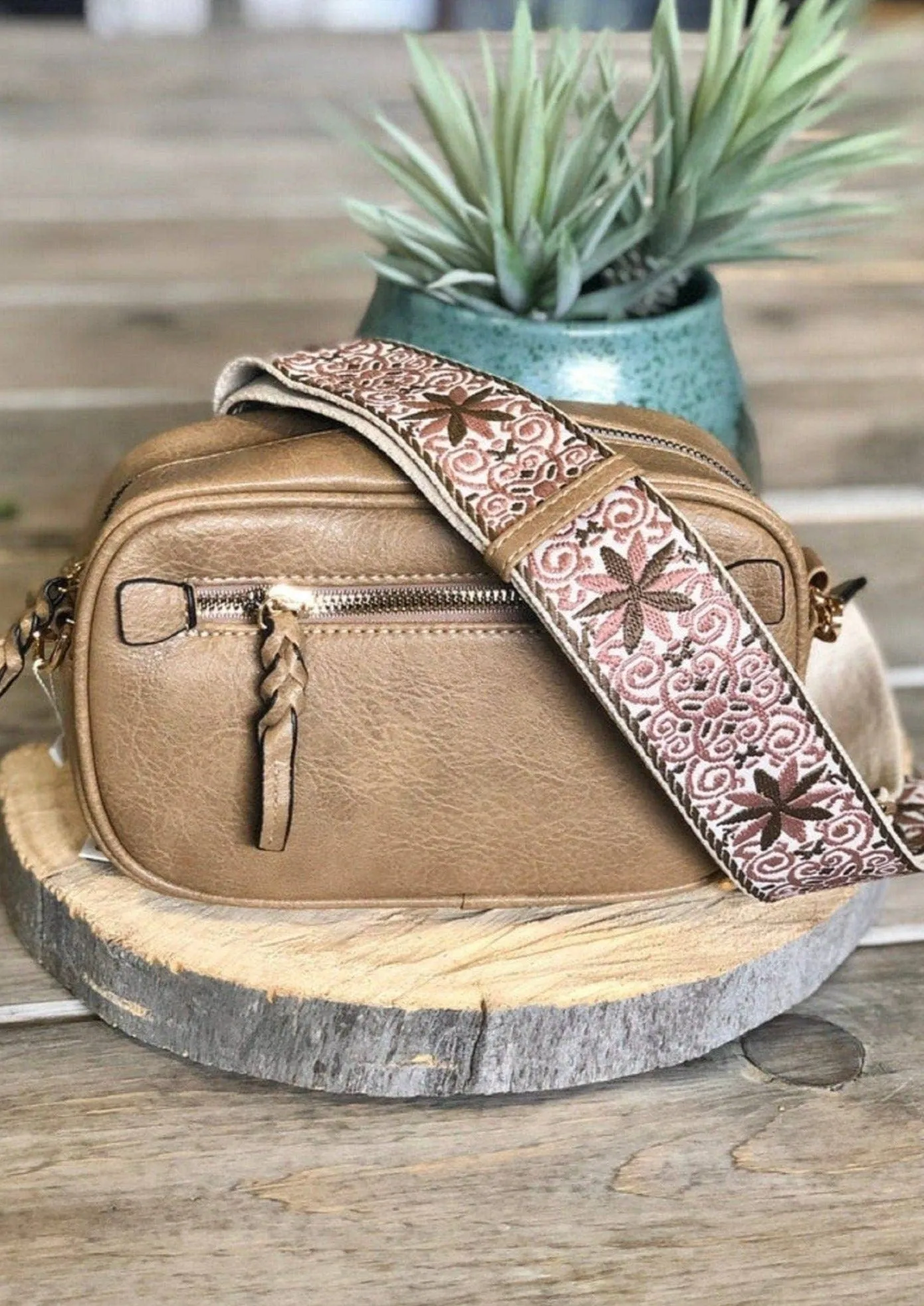 Boho Guitar Strap Crossbody Bag in Mocha