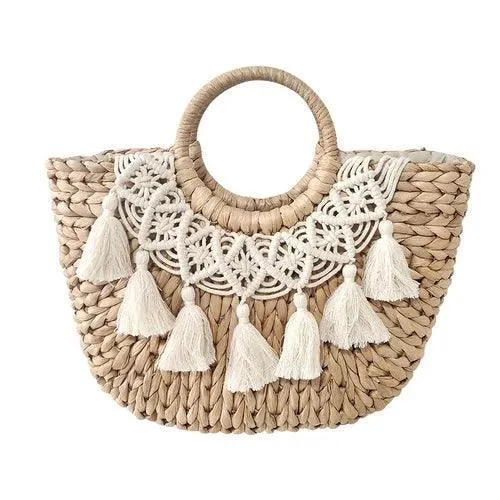 Boho Macramé and Tassel Straw Tote