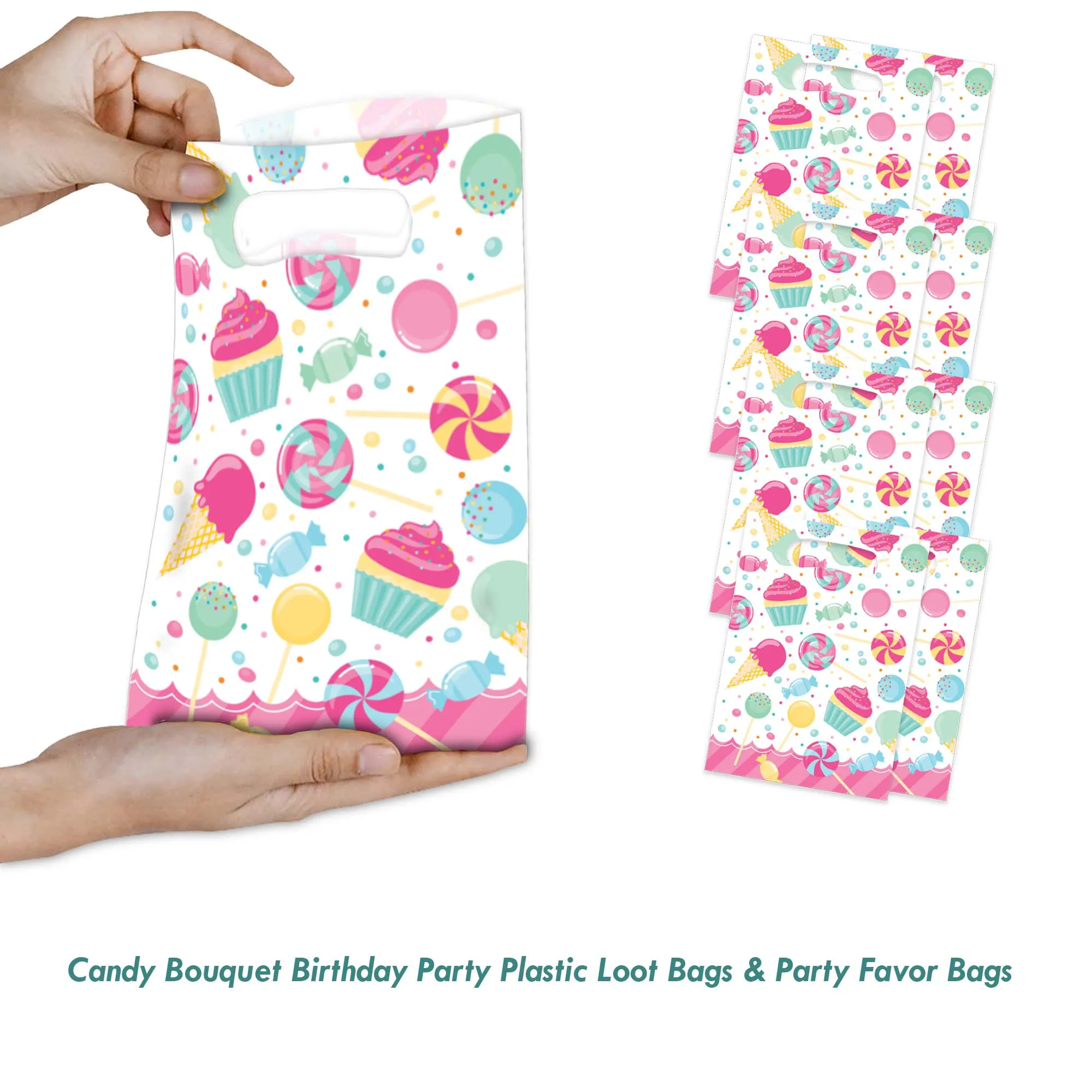 Candy Bouquet Birthday Party Plastic Loot Bags & Party Favor Bags, 9 Inch Size, 16 Count