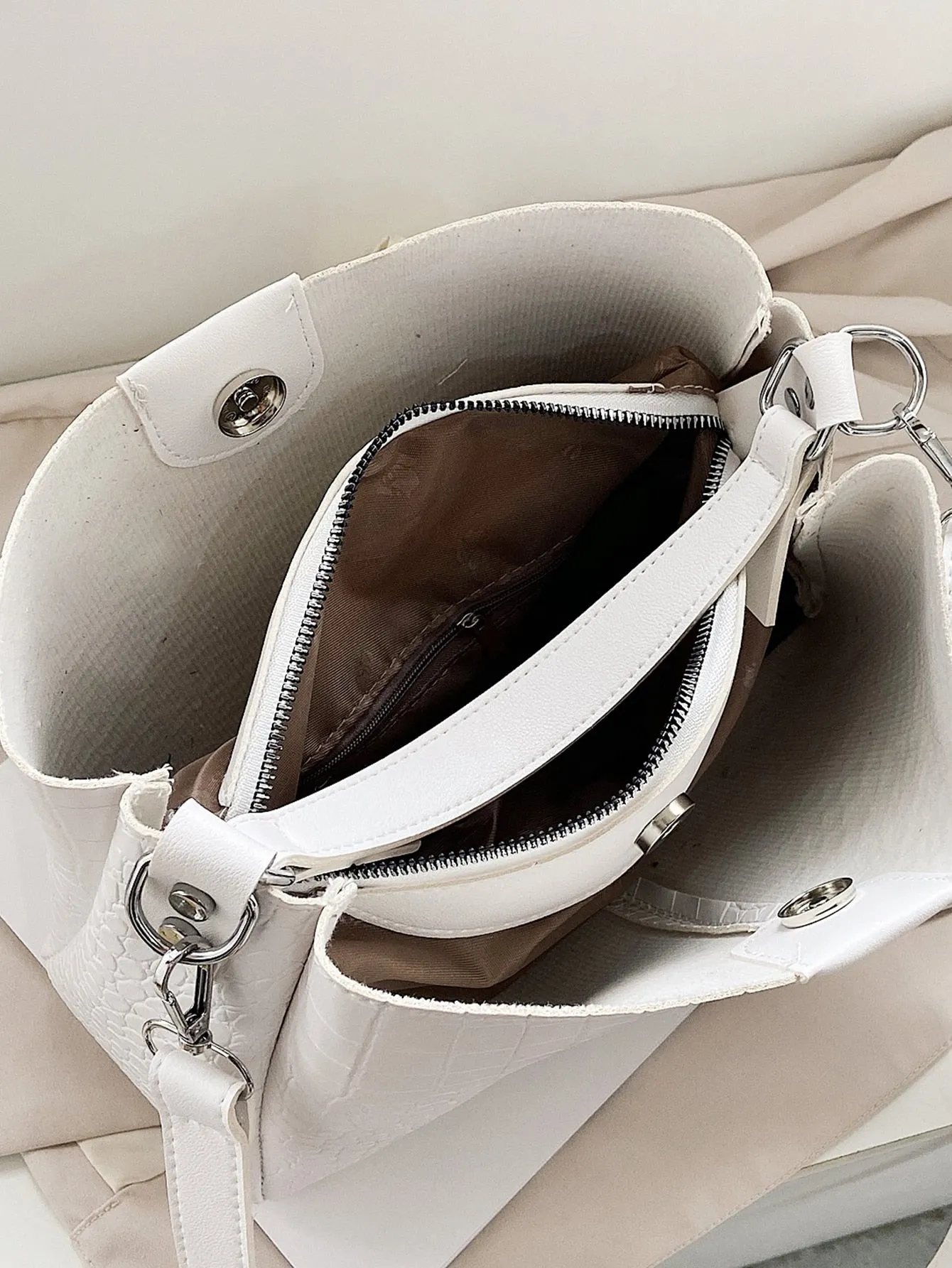 Croc Embossed Satchel Bag With Inner Pouch