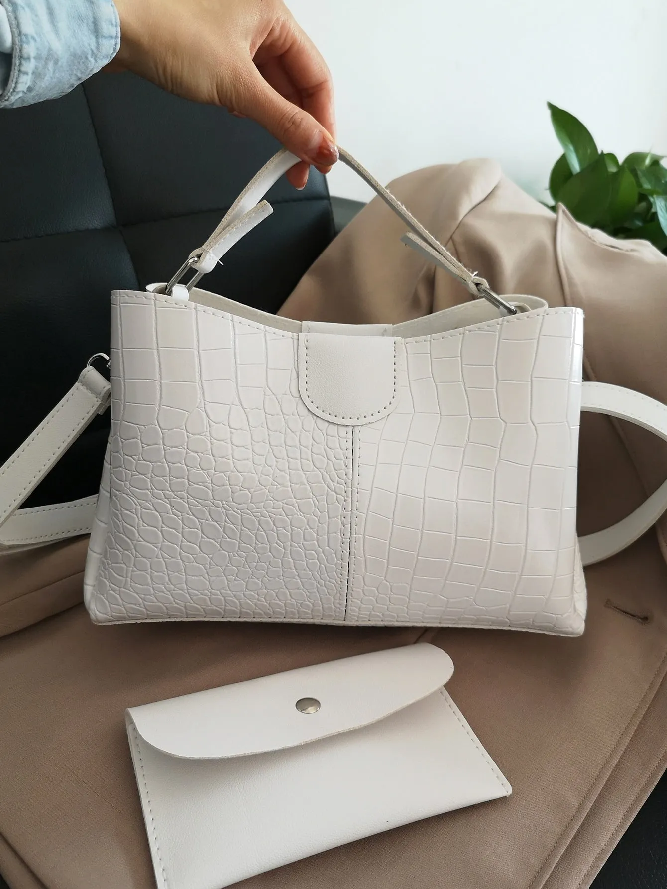 Croc Embossed Satchel Bag With Inner Pouch