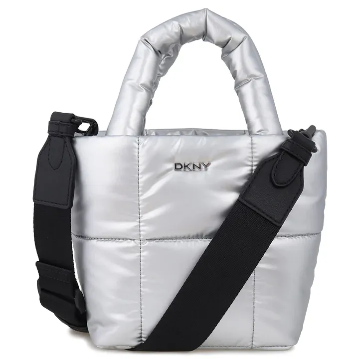 DKNY Giania Small Tote Bag with Detachable Strap for Crossbody Wear in Vibrant Silver/ Black Color