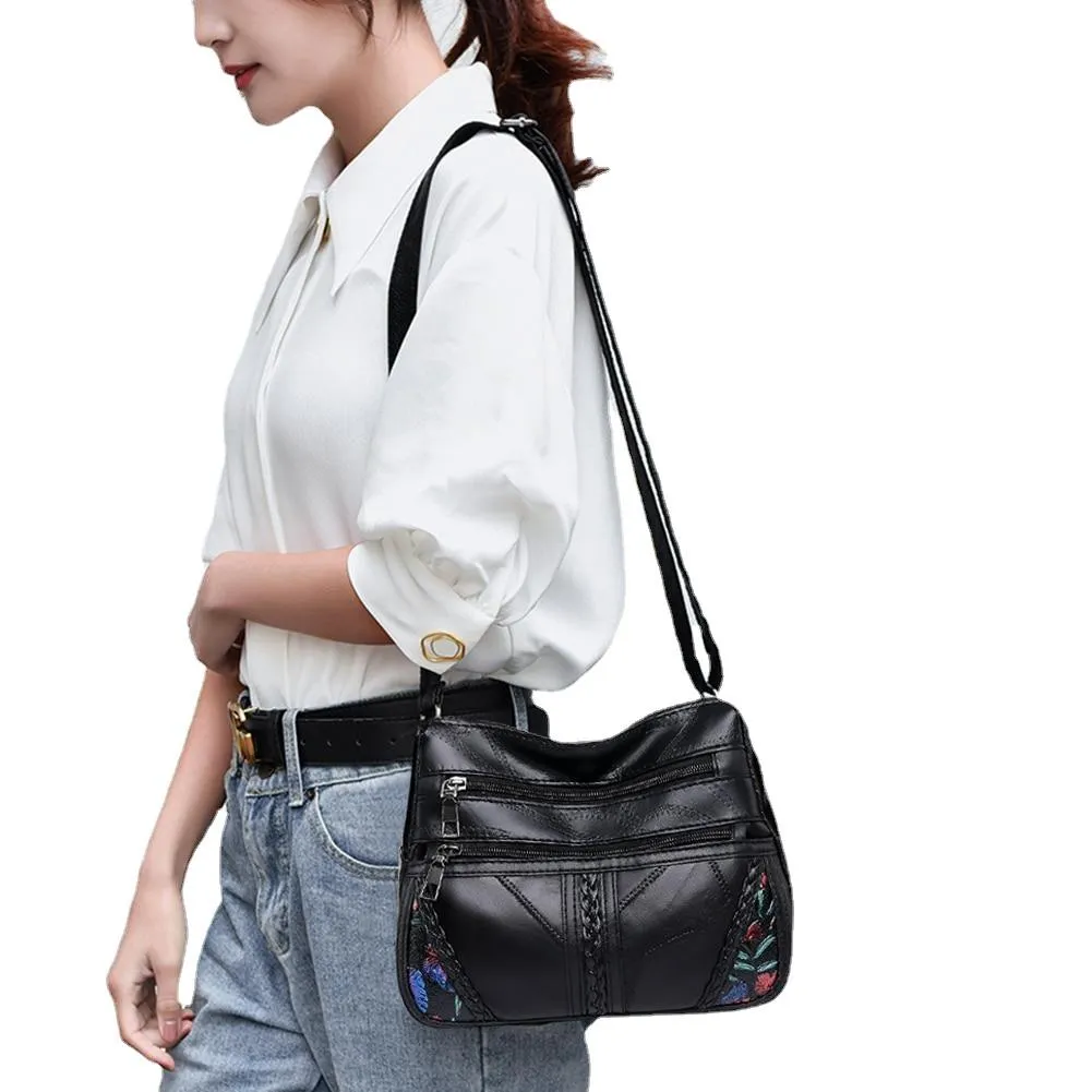 Fashionable Female Soft Leather Shoulder Bag With Floral Print