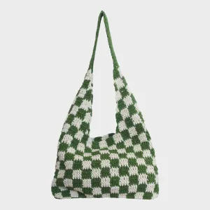 Grass Green Checkered Pattern Chess Crochet Tote Bag