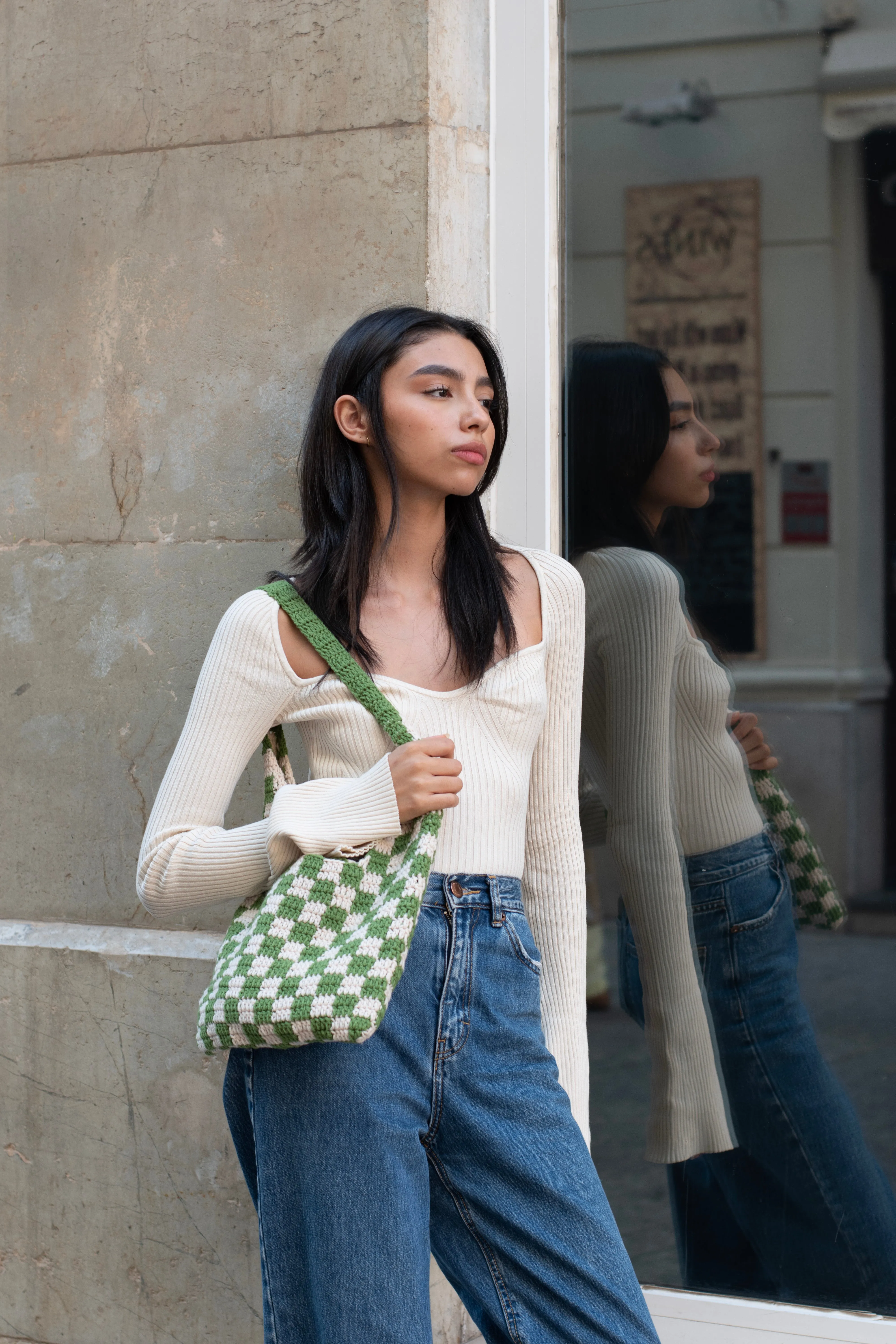 Grass Green Checkered Pattern Chess Crochet Tote Bag