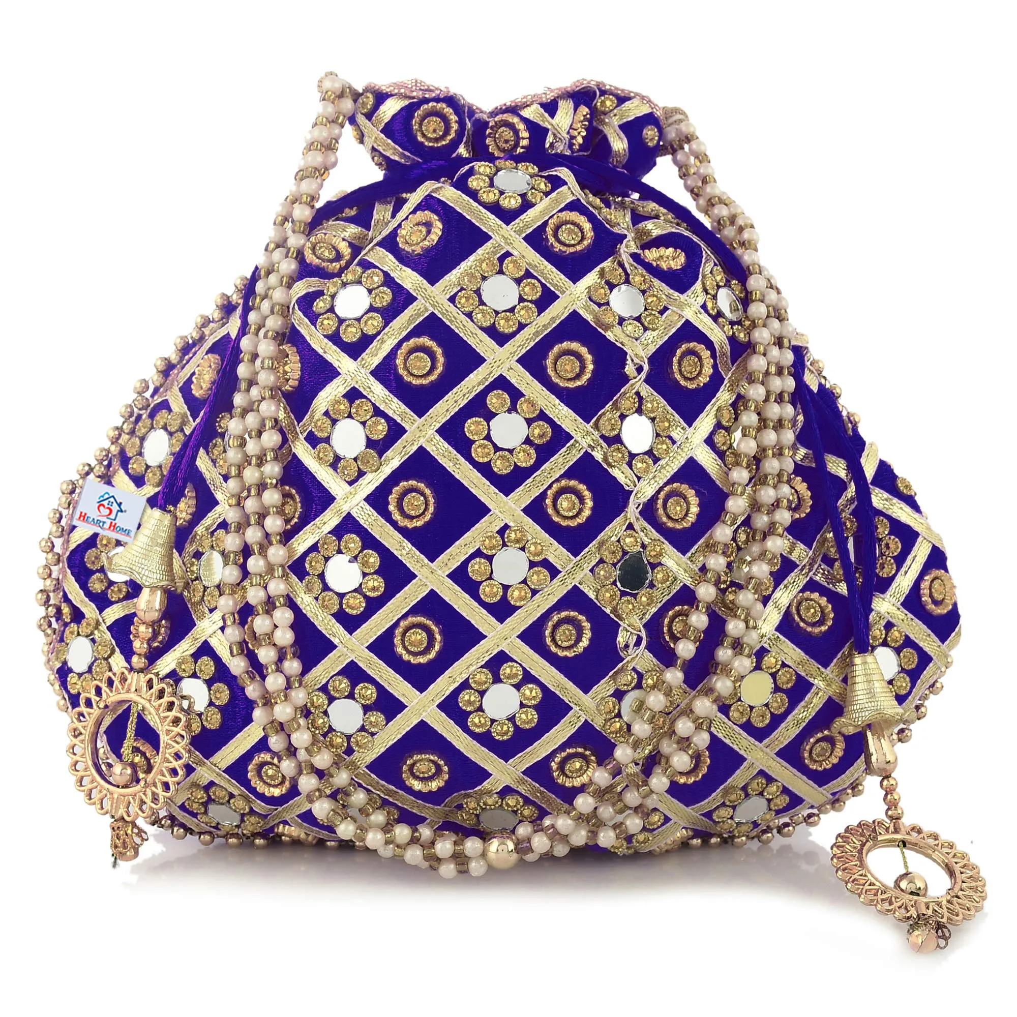 Heart Home 2 Pieces Silk Traditional Mirror Work Clutch Potli Batwa Pouch Hand Bag for Bridal, Casual, Party, Wedding (Gold & Blue)-HEART11512