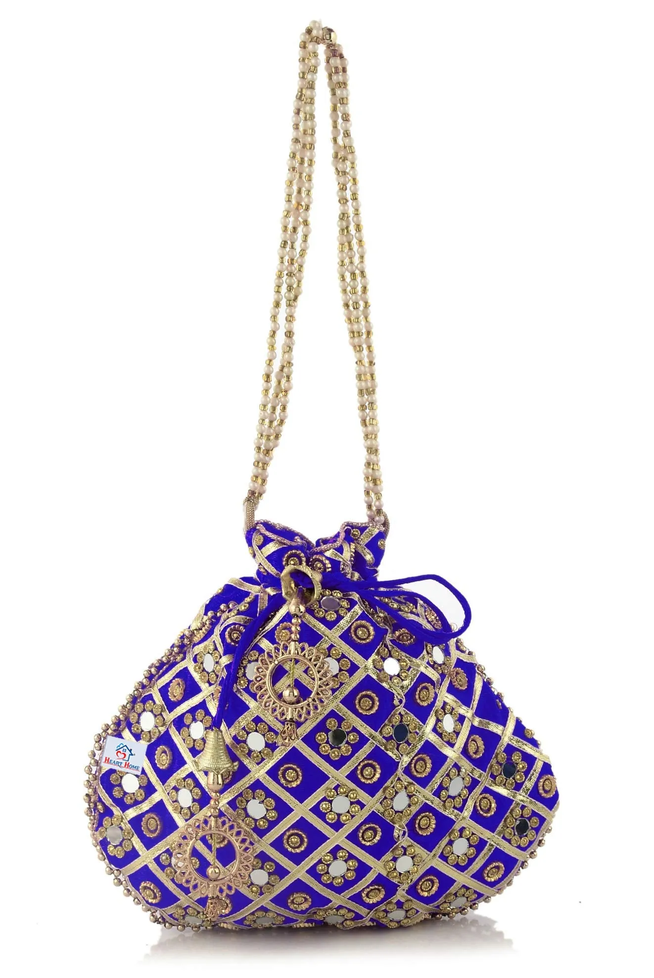 Heart Home 2 Pieces Silk Traditional Mirror Work Clutch Potli Batwa Pouch Hand Bag for Bridal, Casual, Party, Wedding (Gold & Blue)-HEART11512