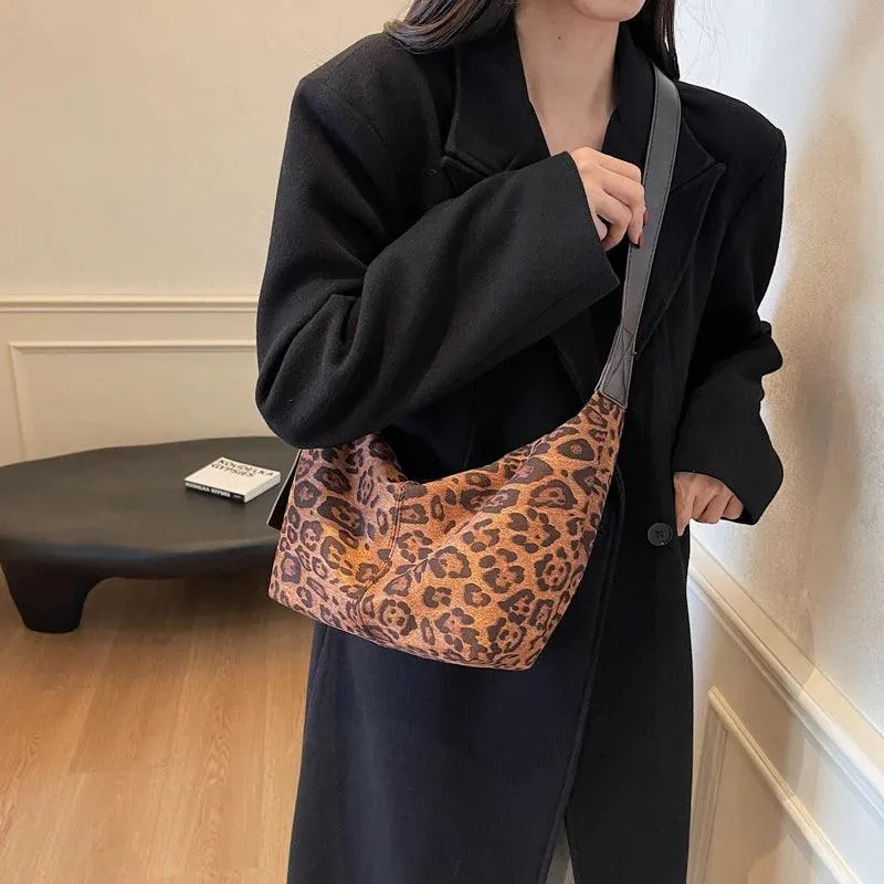 Large Retro Hobo Underarm Bags Winter Shoulder Bag Women Leopard Zip Purses