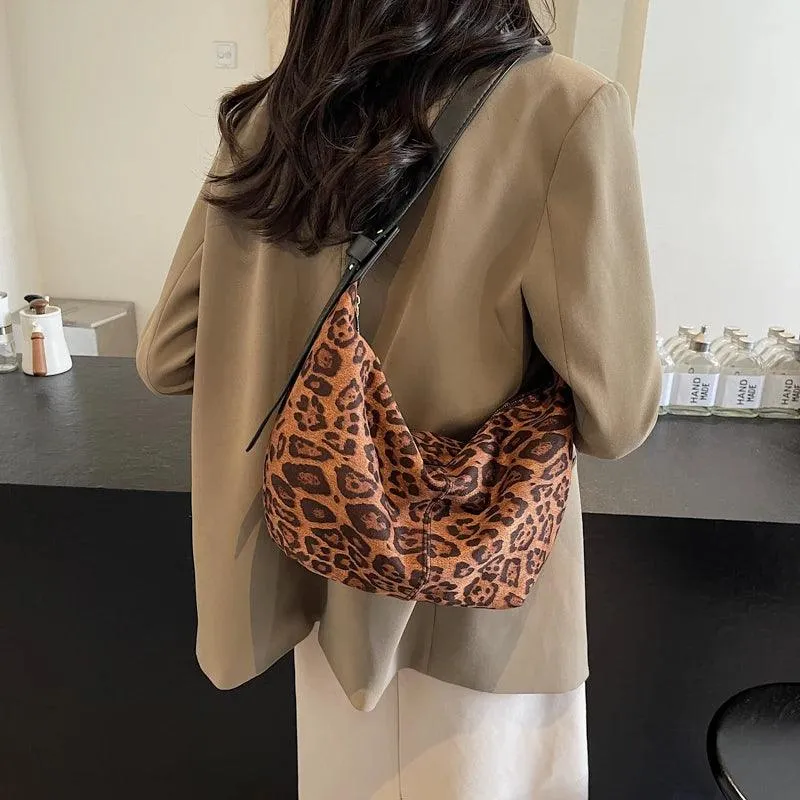 Large Retro Hobo Underarm Bags Winter Shoulder Bag Women Leopard Zip Purses