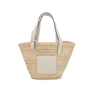 Medium Palm Leaf and Calfskin Basket Bag in Natural/White