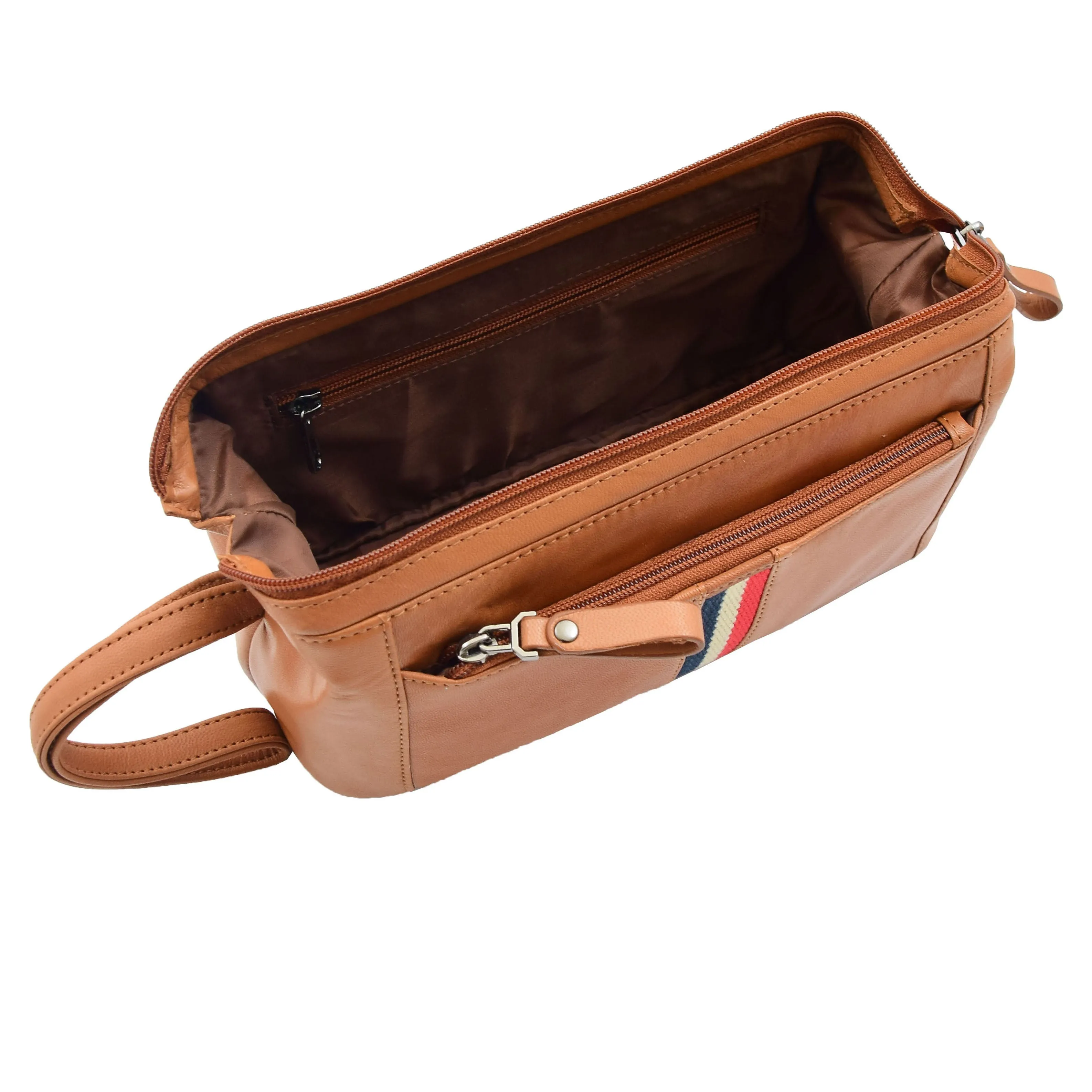 Mens Cognac Leather Toiletry Cosmetic Shaving Kit Travel Wash Bag Guy