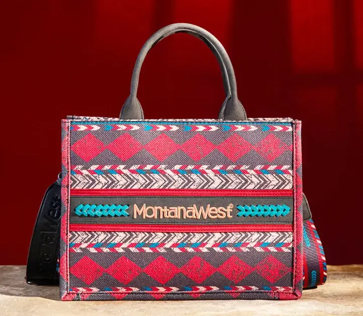 Montana West Boho Print Canvas Tote- Burgundy