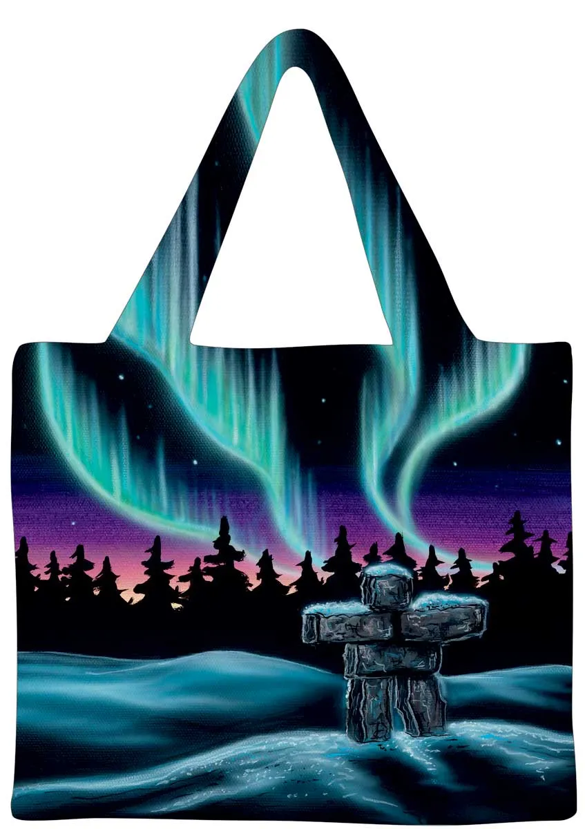 "Sky Dance - Inukshuk" Reusable Shopping Bag by Amy Keller-Rempp - Aurora / Northern Lights