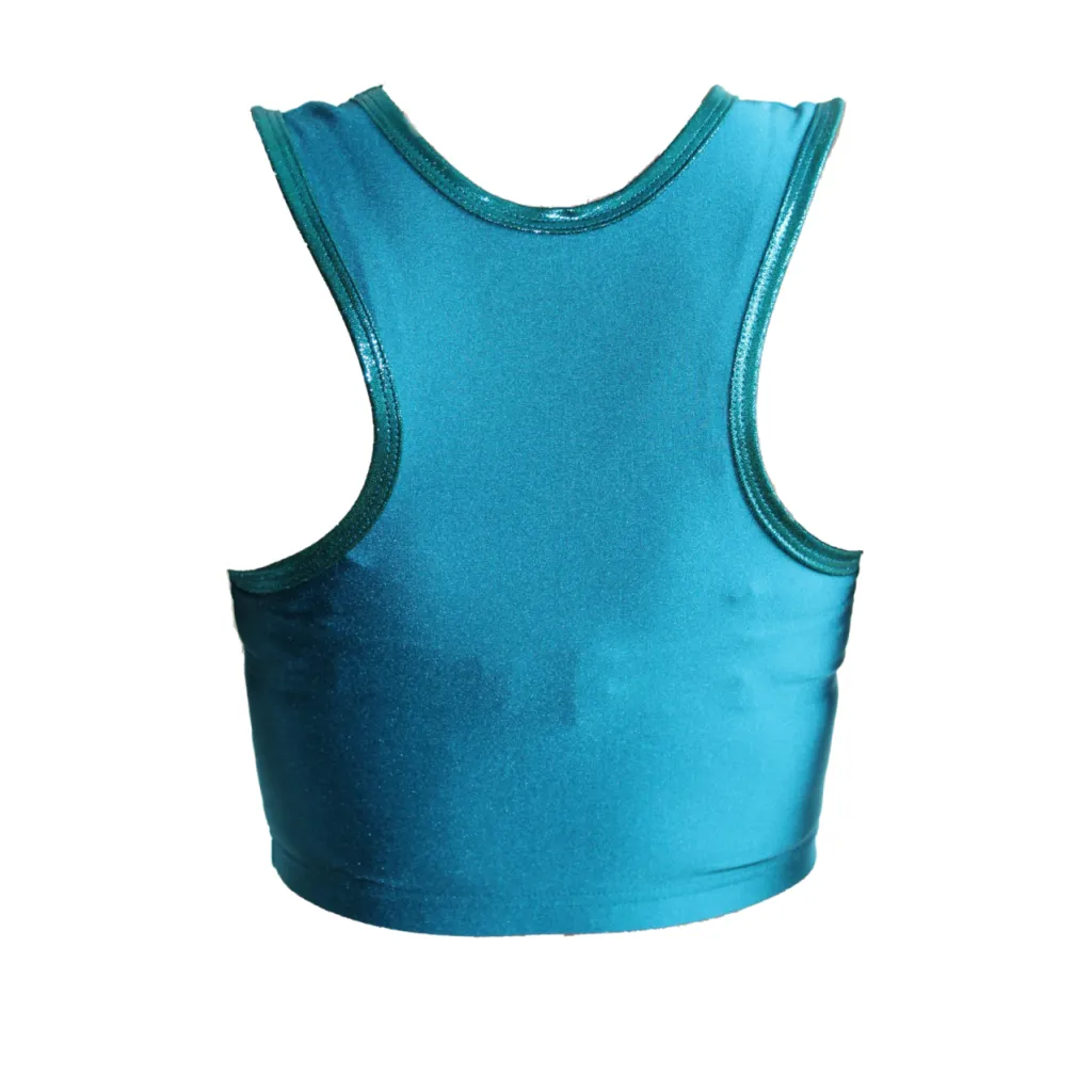 SALE - LEANNE - TEAL RACER BACK CROP TOP WITH PETROL SHINE BINDING