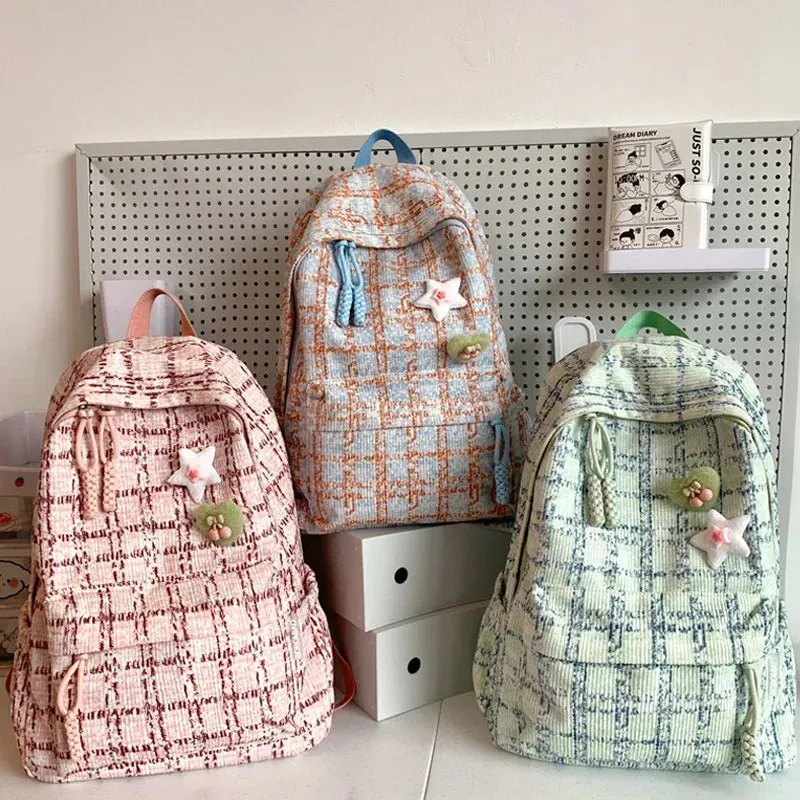 Sohiwoo Women Kawaii Pink Teenager Nylon Laptop Lady Cute Book Bag Girl Trendy College Plaid Backpack Fashion Female Travel School Bags