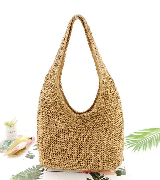 Summer Vintage Ladies' Handmade Straw Woven Shoulder Bag For Vacation