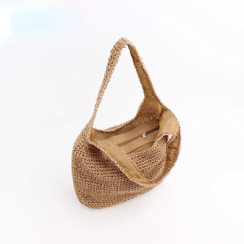 Summer Vintage Ladies' Handmade Straw Woven Shoulder Bag For Vacation