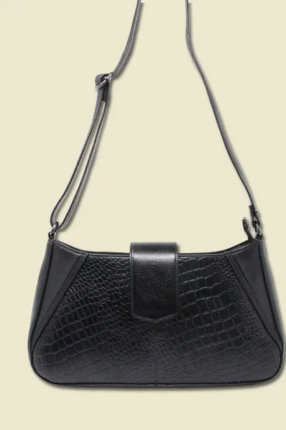 Taha Croco Black Baguette Sling For Women