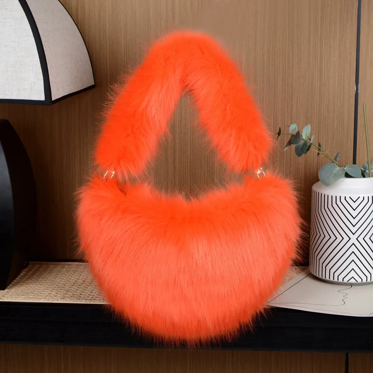 Trishanne Trendy Designer Soft Faux Fur Heart Shaped Shoulder Bags