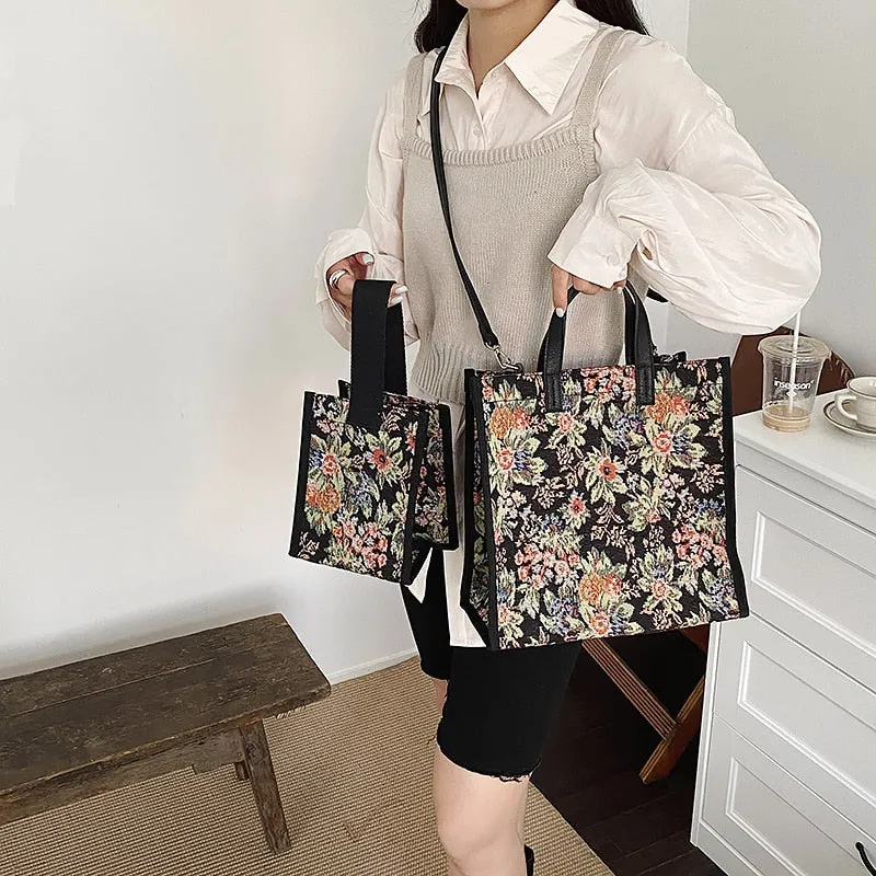 Vintage Floral Tote with Mini Square Canvass Handbag in Korean-Inspired Design