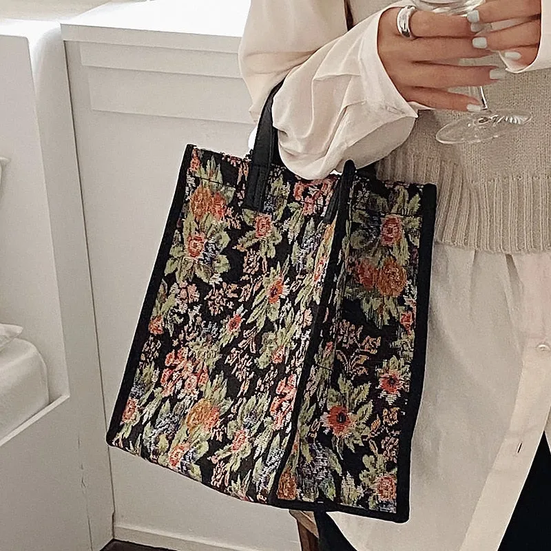 Vintage Floral Tote with Mini Square Canvass Handbag in Korean-Inspired Design