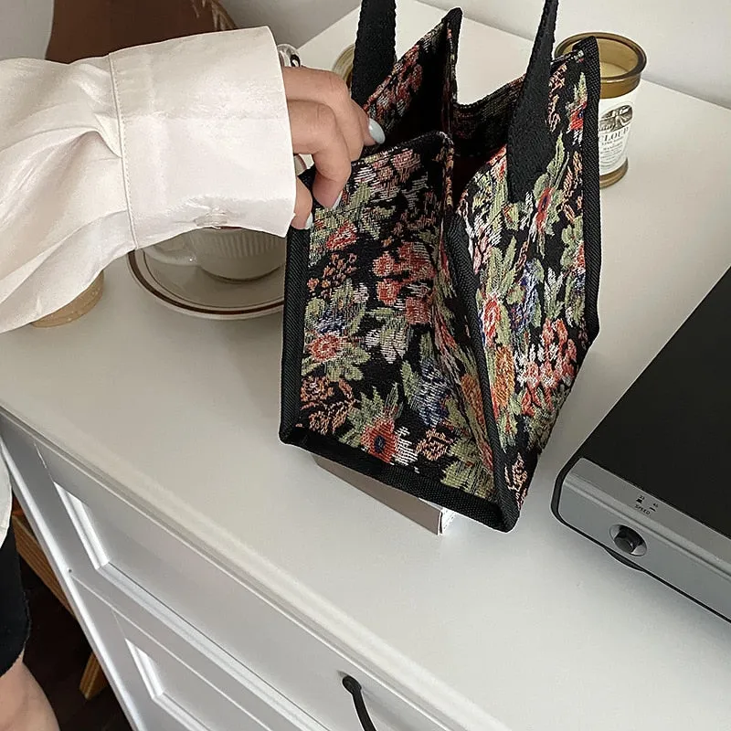 Vintage Floral Tote with Mini Square Canvass Handbag in Korean-Inspired Design