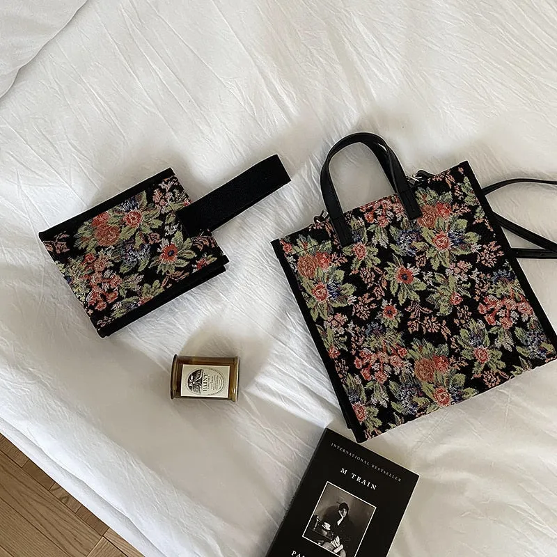 Vintage Floral Tote with Mini Square Canvass Handbag in Korean-Inspired Design