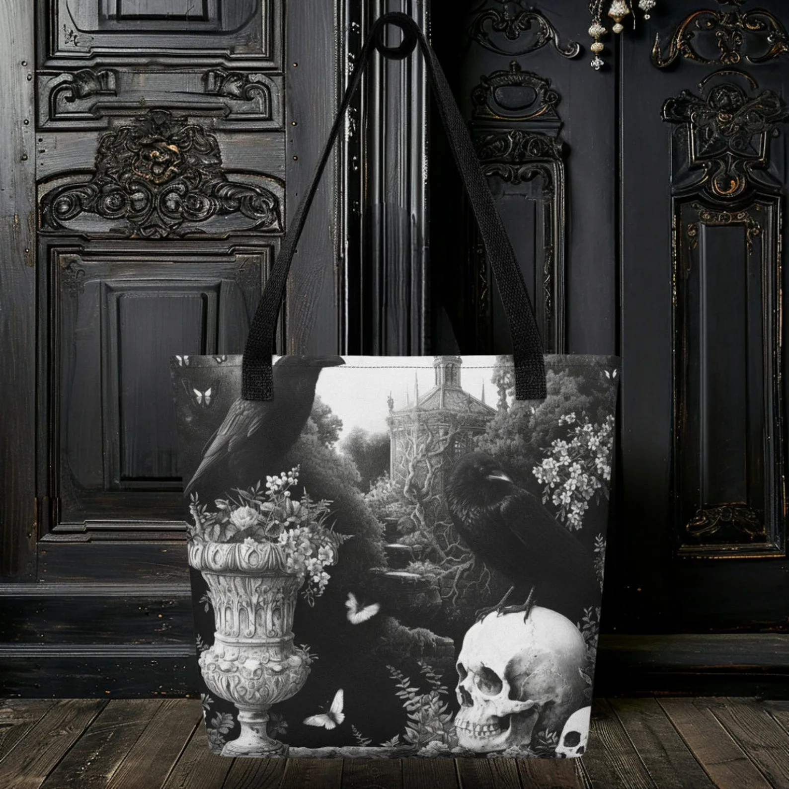 WSH - Skull & Raven - all over print gothic tote bag